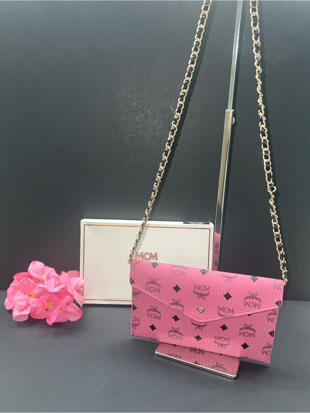MCM Pink Visetos Envelope Clutch with Black and Gold Shoulder Strap - Picture 4 of 5